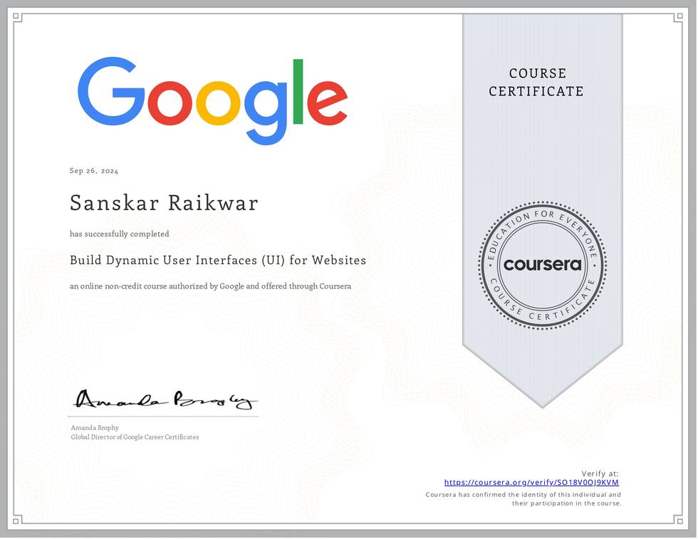 Google course certificate for Build Dynamic User Interfaces (UI) for Websites