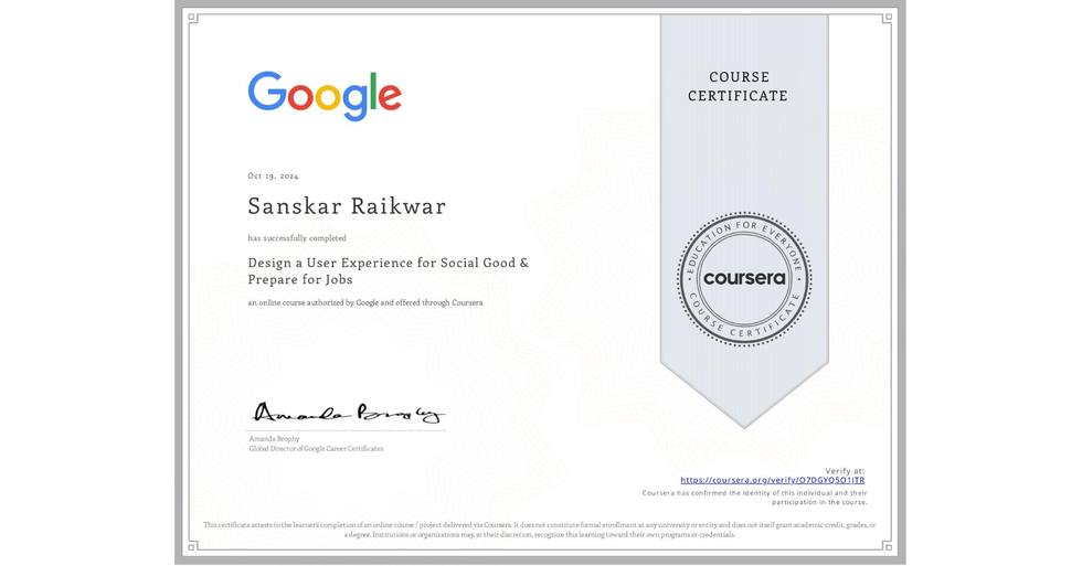 Google course certificate for Design a User Experience for Social Good & Prepare for Jobs